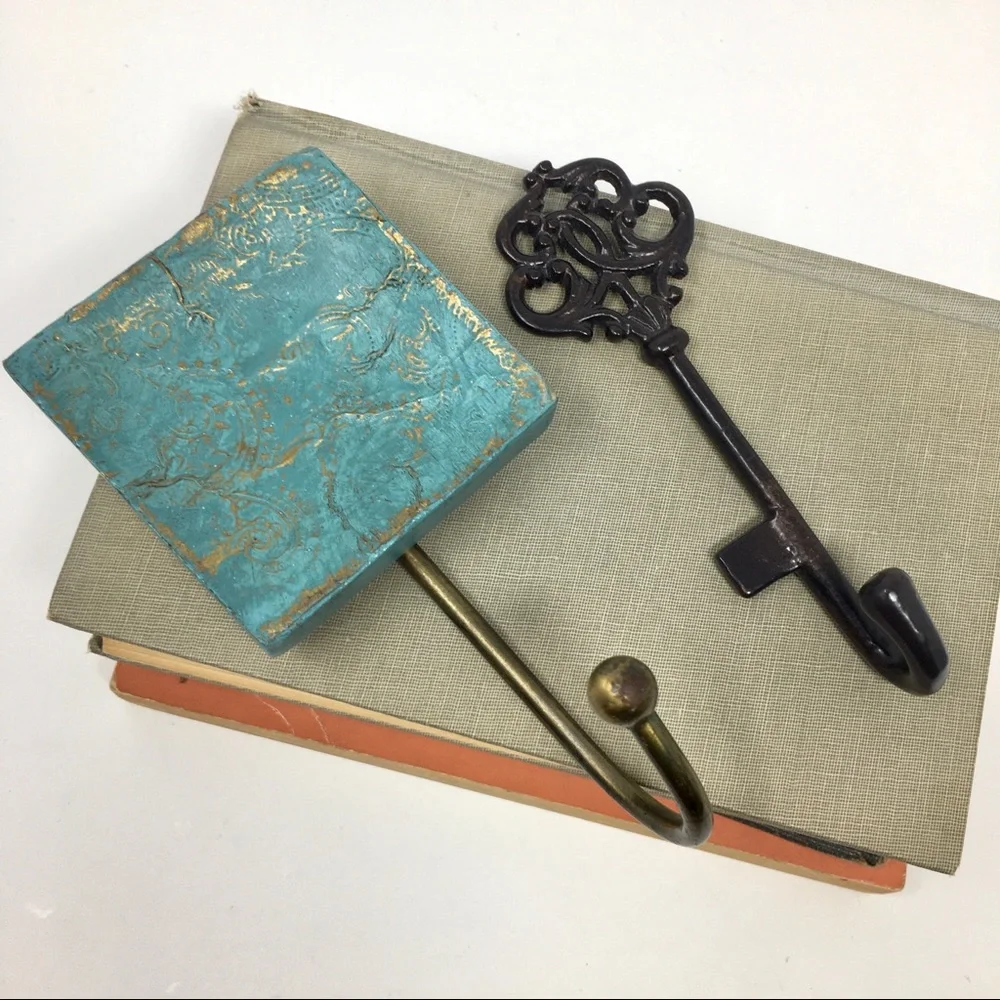 Pair of Victorian Inspired Square Turquoise Gold Paisley and Skeleton Key Hooks